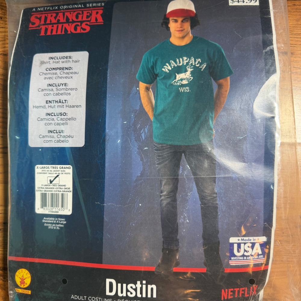 Stranger Things Dustin Adult Costume Shirt Hat with Hair XL Rubies 700259